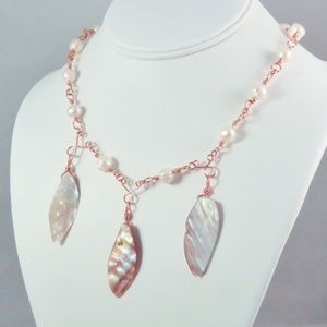 Pearl and Shell Necklace, Copper Wire, Handmade